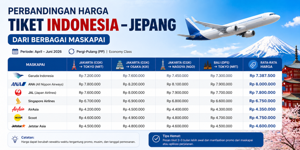 Perbandingan Harga Tiket Indonesia – Jepang dari Berbagai Maskapai