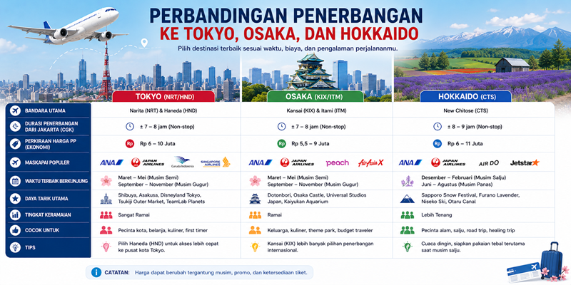 Perbandingan Penerbangan ke Tokyo, Osaka, dan Hokkaido