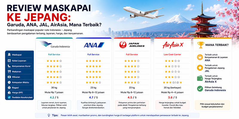 Review Maskapai ke Jepang Garuda, ANA, JAL, AirAsia, Mana Terbaik