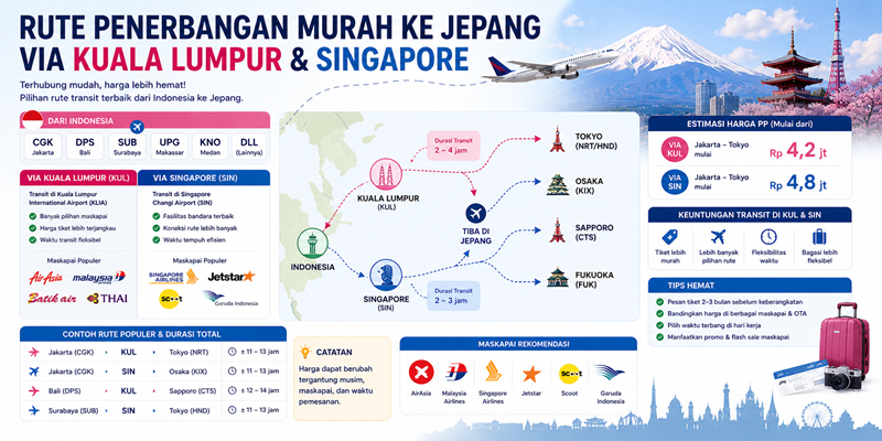 Rute Penerbangan Murah ke Jepang via Kuala Lumpur & Singapore